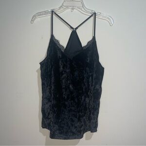 Bobbie Brooks Black Crushed Velvet L Y2K Lace Lined V Neck Racerback Tank